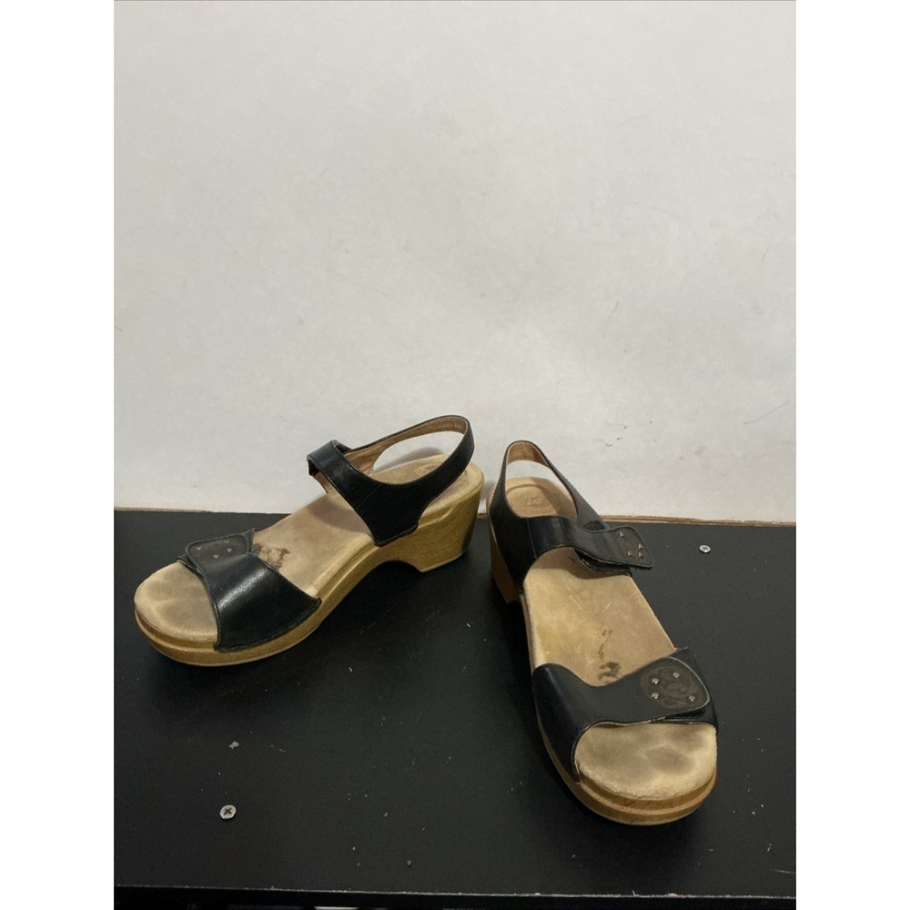 Women's Dansko Open Toe Leather Platform Heel Sandals Size 38 (7.5) Black
